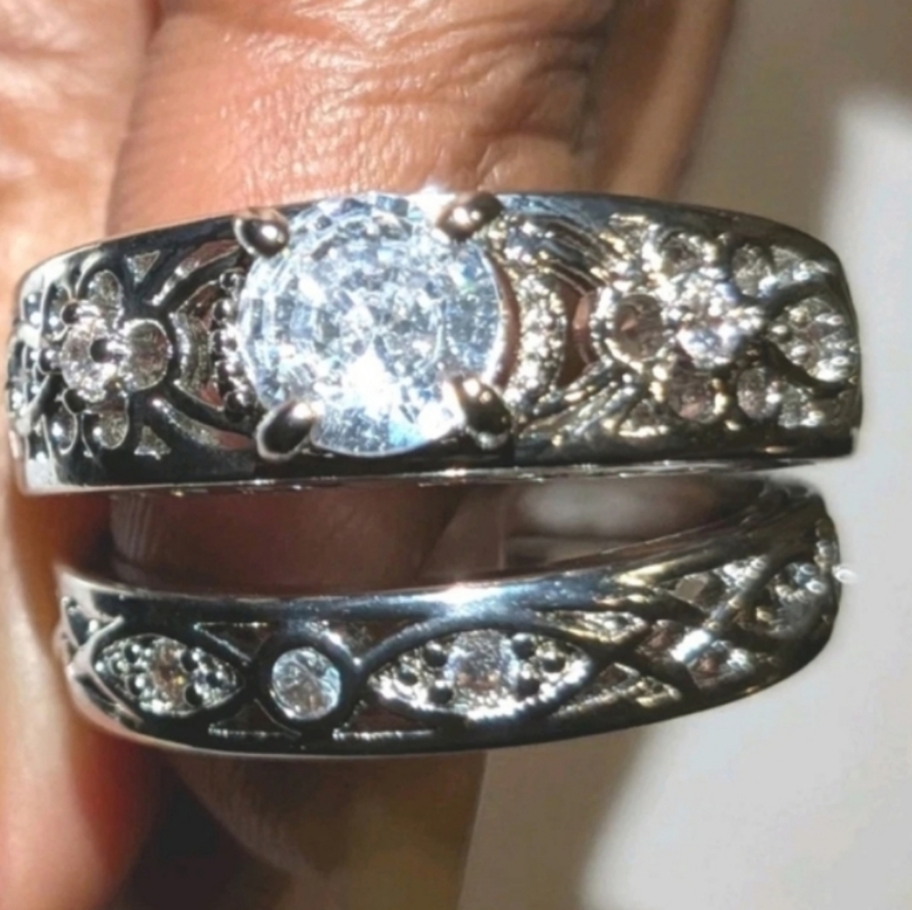 Vintage Art Deco Round Cut Lab Created diamond 925 Sterling Silver Ring Set Sz7